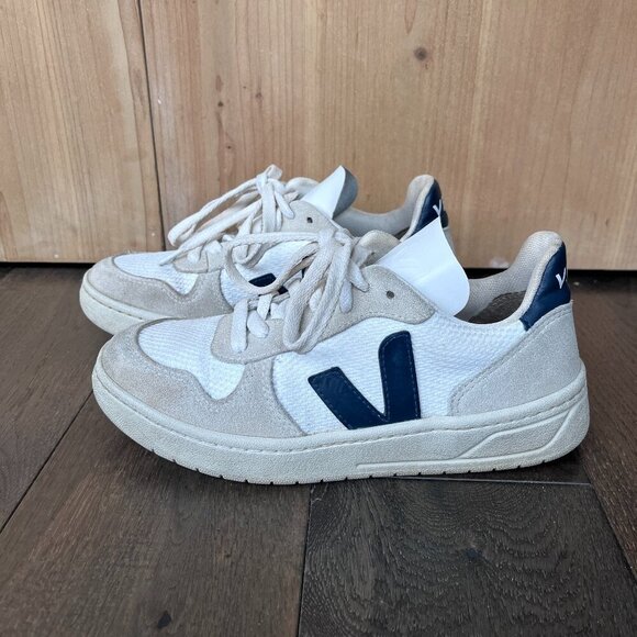 Veja V-10 Sneakers EU Size 35 White Beige Gray Navy Mesh Eco-Friendly - Picture 2 of 7